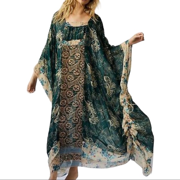 Anna Sui x Free People Upcycle Kaftan S/M Teal Floral Silk Maxi Kimono Top USA - Picture 1 of 8